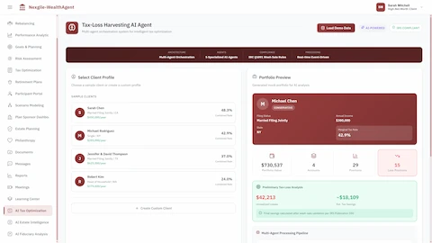 Illustrative preview (sample data, not verified outcomes): Tax-Loss Harvesting AI Agent dashboard with client profile selection, portfolio preview showing sample clients with tax rates, account positions, loss positions, and preliminary tax-loss analysis with estimated savings calculated per IRS Publication 550