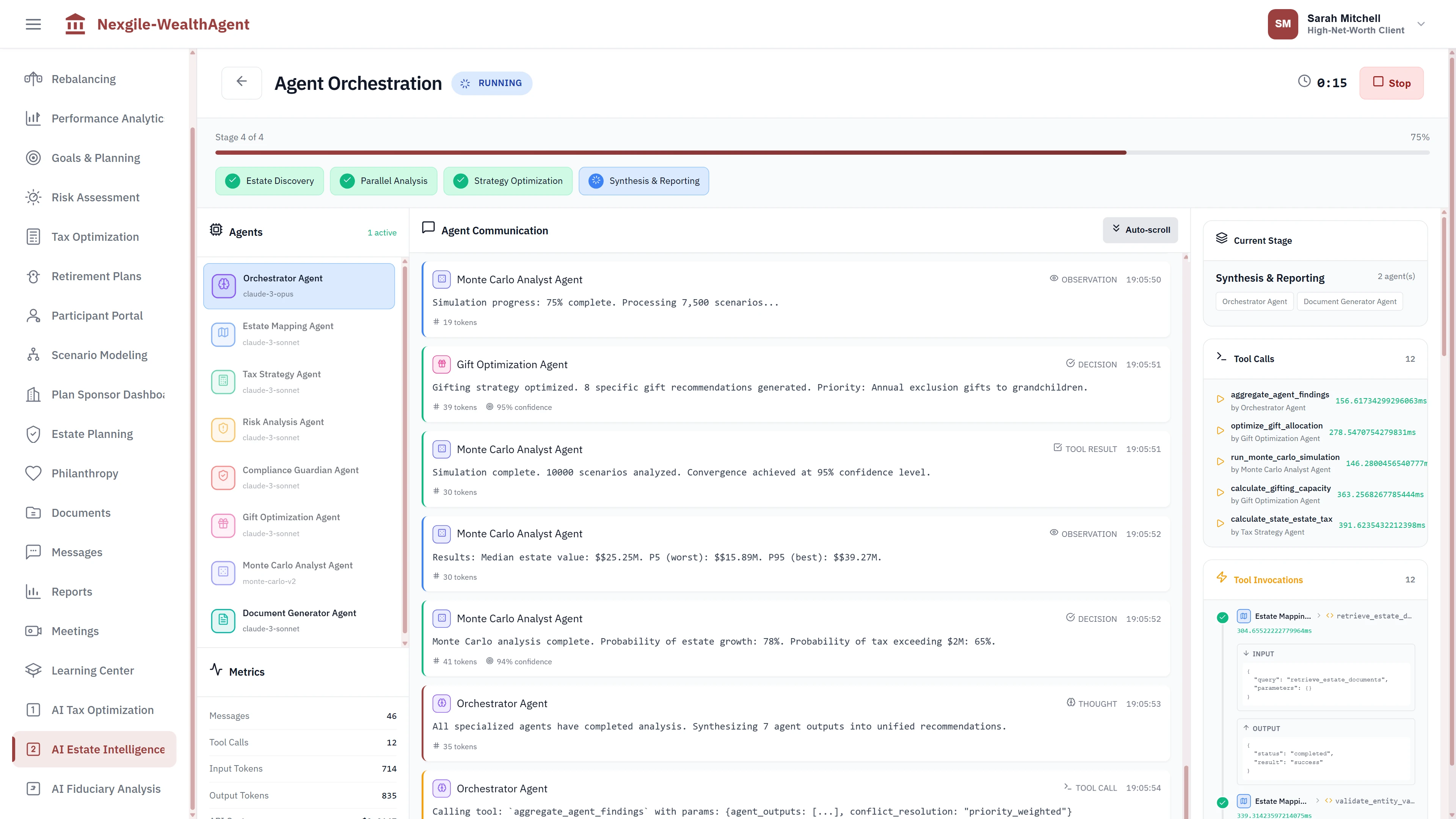Illustrative preview (sample data, not verified outcomes): Agent Orchestration dashboard showing 8 specialized AI agents (Orchestrator, Estate Mapping, Tax Strategy, Risk Analysis, Compliance Guardian, Gift Optimization, Monte Carlo Analyst, Document Generator) in synthesis stage, real-time agent communication logs with Monte Carlo simulation results, and tool invocations with processing metrics