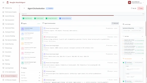 Illustrative preview (sample data, not verified outcomes): Agent Orchestration dashboard showing 8 specialized AI agents (Orchestrator, Estate Mapping, Tax Strategy, Risk Analysis, Compliance Guardian, Gift Optimization, Monte Carlo Analyst, Document Generator) in synthesis stage, real-time agent communication logs with Monte Carlo simulation results, and tool invocations with processing metrics