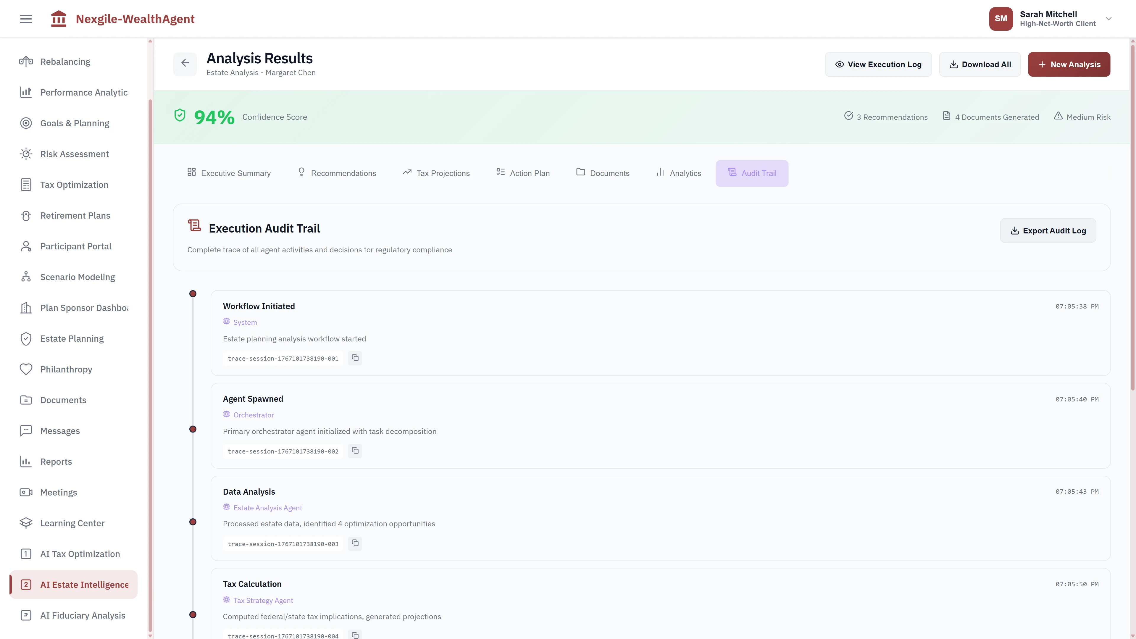 Illustrative preview (sample data, not verified outcomes): Execution Audit Trail providing complete regulatory compliance trace of all agent activities and decisions, including workflow initiation, orchestrator agent spawning, estate data analysis with optimization opportunities identified, and tax calculations with federal/state projections timestamped for audit purposes