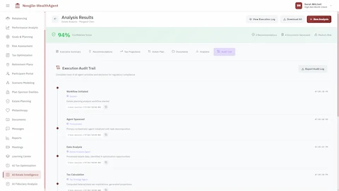Illustrative preview (sample data, not verified outcomes): Execution Audit Trail providing complete regulatory compliance trace of all agent activities and decisions, including workflow initiation, orchestrator agent spawning, estate data analysis with optimization opportunities identified, and tax calculations with federal/state projections timestamped for audit purposes