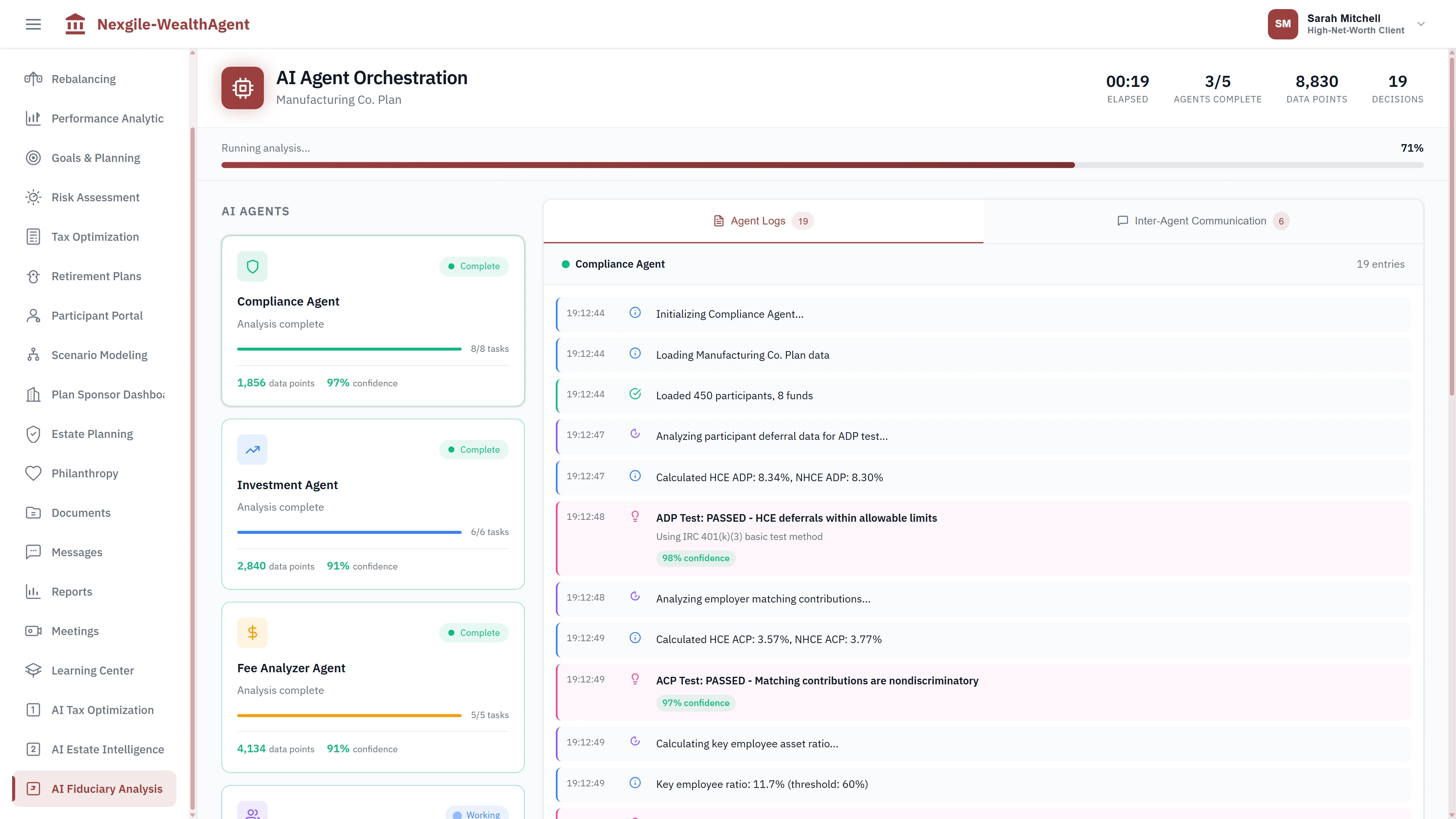 Illustrative preview (sample data, not verified outcomes): AI Agent Orchestration for 401(k) plan analysis showing Compliance Agent, Investment Agent, and Fee Analyzer Agent with completion status, real-time agent logs displaying ADP/ACP nondiscrimination test calculations, HCE/NHCE deferral percentages, and IRC 401(k)(3) compliance verification with confidence scores