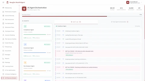 Illustrative preview (sample data, not verified outcomes): AI Agent Orchestration for 401(k) plan analysis showing Compliance Agent, Investment Agent, and Fee Analyzer Agent with completion status, real-time agent logs displaying ADP/ACP nondiscrimination test calculations, HCE/NHCE deferral percentages, and IRC 401(k)(3) compliance verification with confidence scores