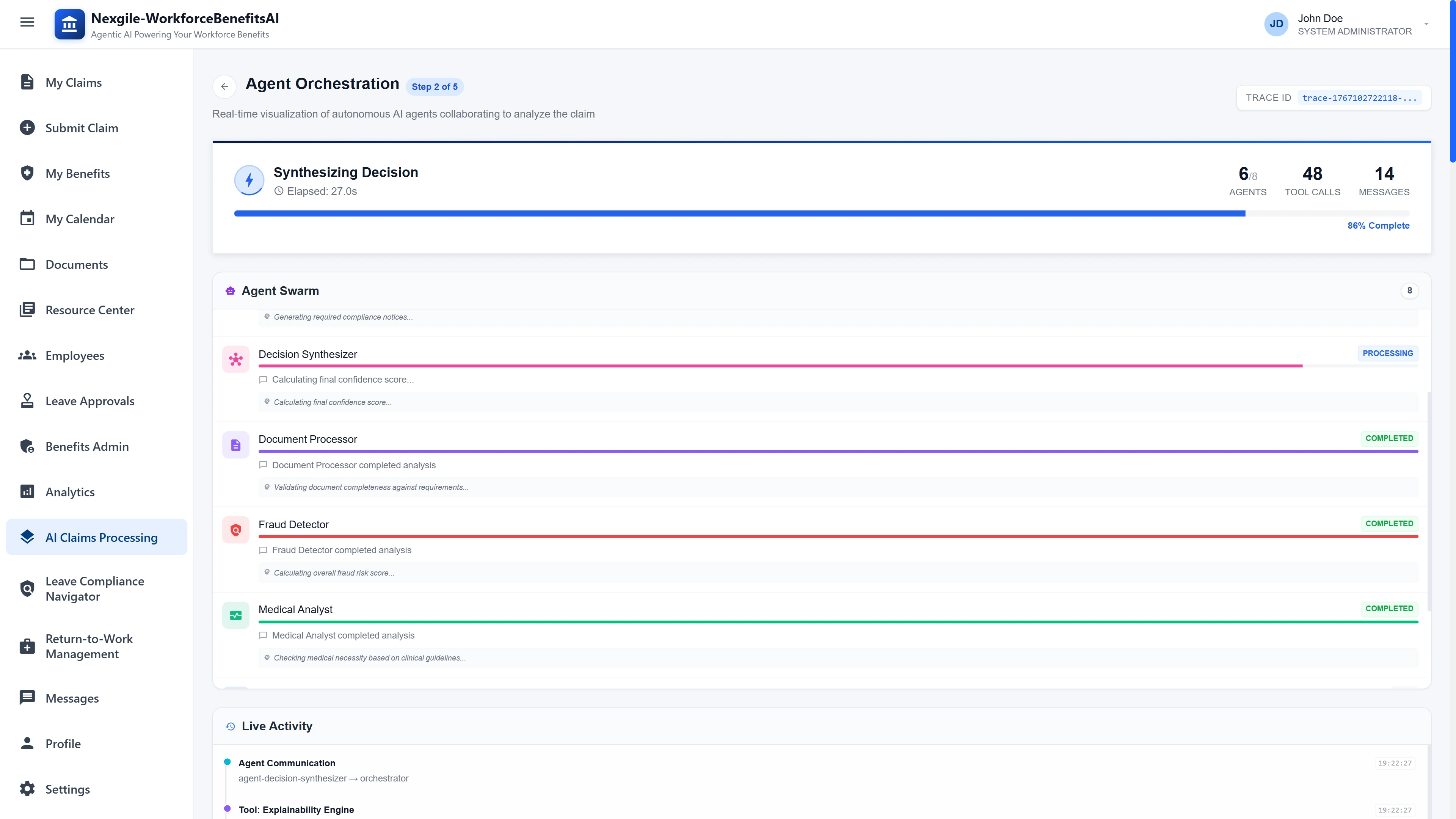 Illustrative preview (sample data, not verified outcomes): Agent Orchestration Dashboard - Real-time visualization of 8 AI agents collaborating to analyze disability claims, showing Decision Synthesizer, Document Processor, Fraud Detector, and Medical Analyst with live activity feed and progress tracking