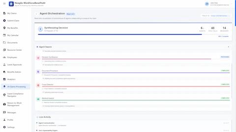 Illustrative preview (sample data, not verified outcomes): Agent Orchestration Dashboard - Real-time visualization of 8 AI agents collaborating to analyze disability claims, showing Decision Synthesizer, Document Processor, Fraud Detector, and Medical Analyst with live activity feed and progress tracking