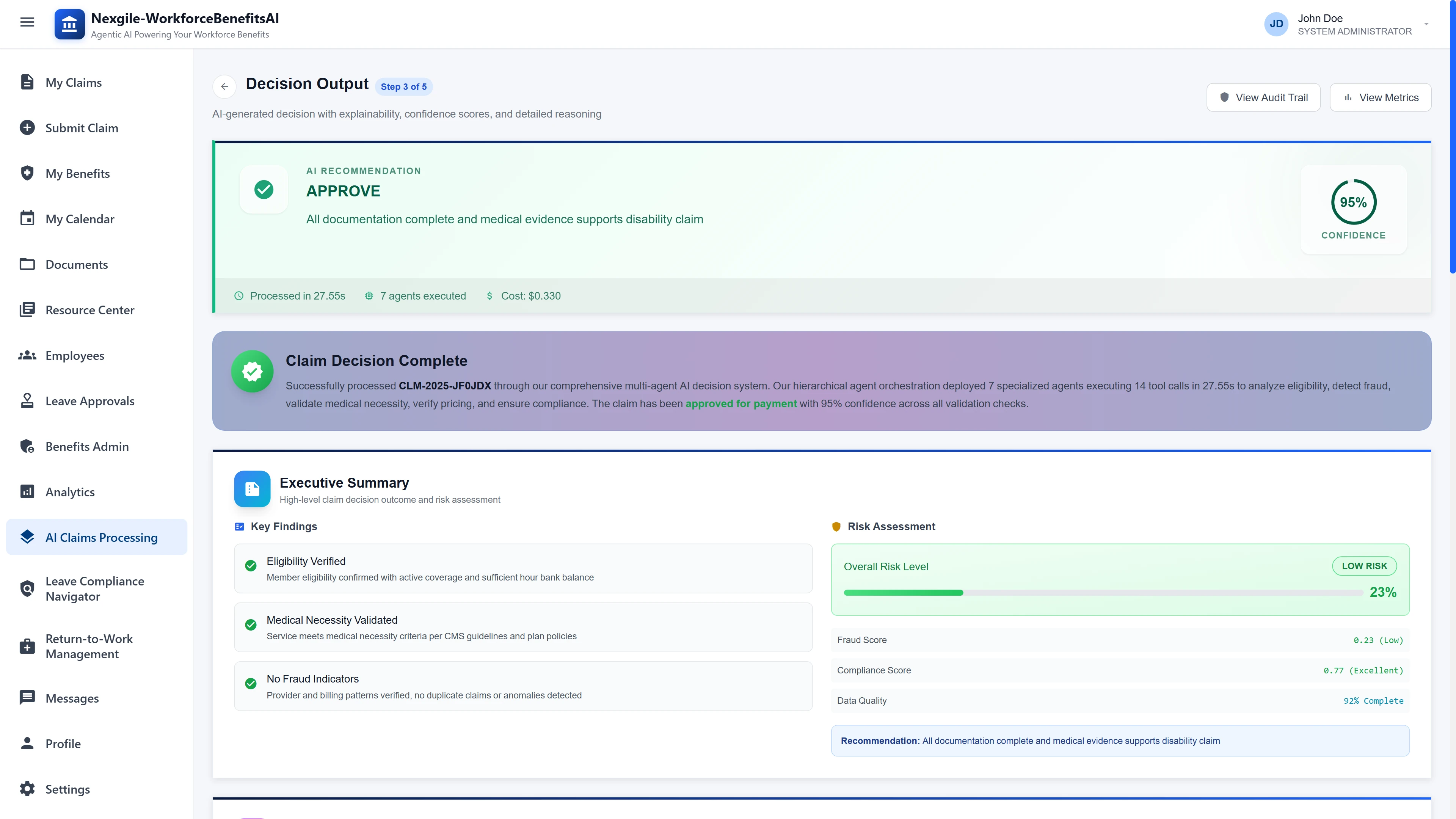 Illustrative preview (sample data, not verified outcomes): Decision Output Interface - AI-generated claim recommendation with 95% confidence score, executive summary displaying key findings including eligibility verification, medical necessity validation, fraud analysis, and risk assessment at 23% (low risk)