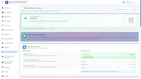 Illustrative preview (sample data, not verified outcomes): Decision Output Interface - AI-generated claim recommendation with 95% confidence score, executive summary displaying key findings including eligibility verification, medical necessity validation, fraud analysis, and risk assessment at 23% (low risk)