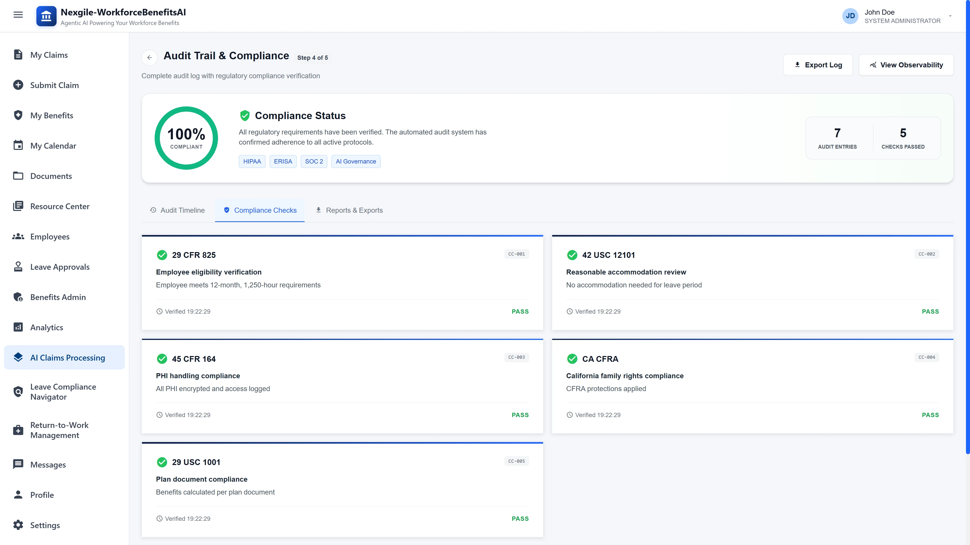 Illustrative preview (sample data, not verified outcomes): Audit Trail & Compliance Dashboard - 100% compliant status showing verification against HIPAA, ERISA, SOC 2, and AI Governance frameworks with detailed compliance checks for 29 CFR 825, 42 USC 12101, 45 CFR 164, and CA CFRA regulations