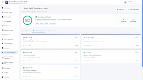Illustrative preview (sample data, not verified outcomes): Audit Trail & Compliance Dashboard - 100% compliant status showing verification against HIPAA, ERISA, SOC 2, and AI Governance frameworks with detailed compliance checks for 29 CFR 825, 42 USC 12101, 45 CFR 164, and CA CFRA regulations