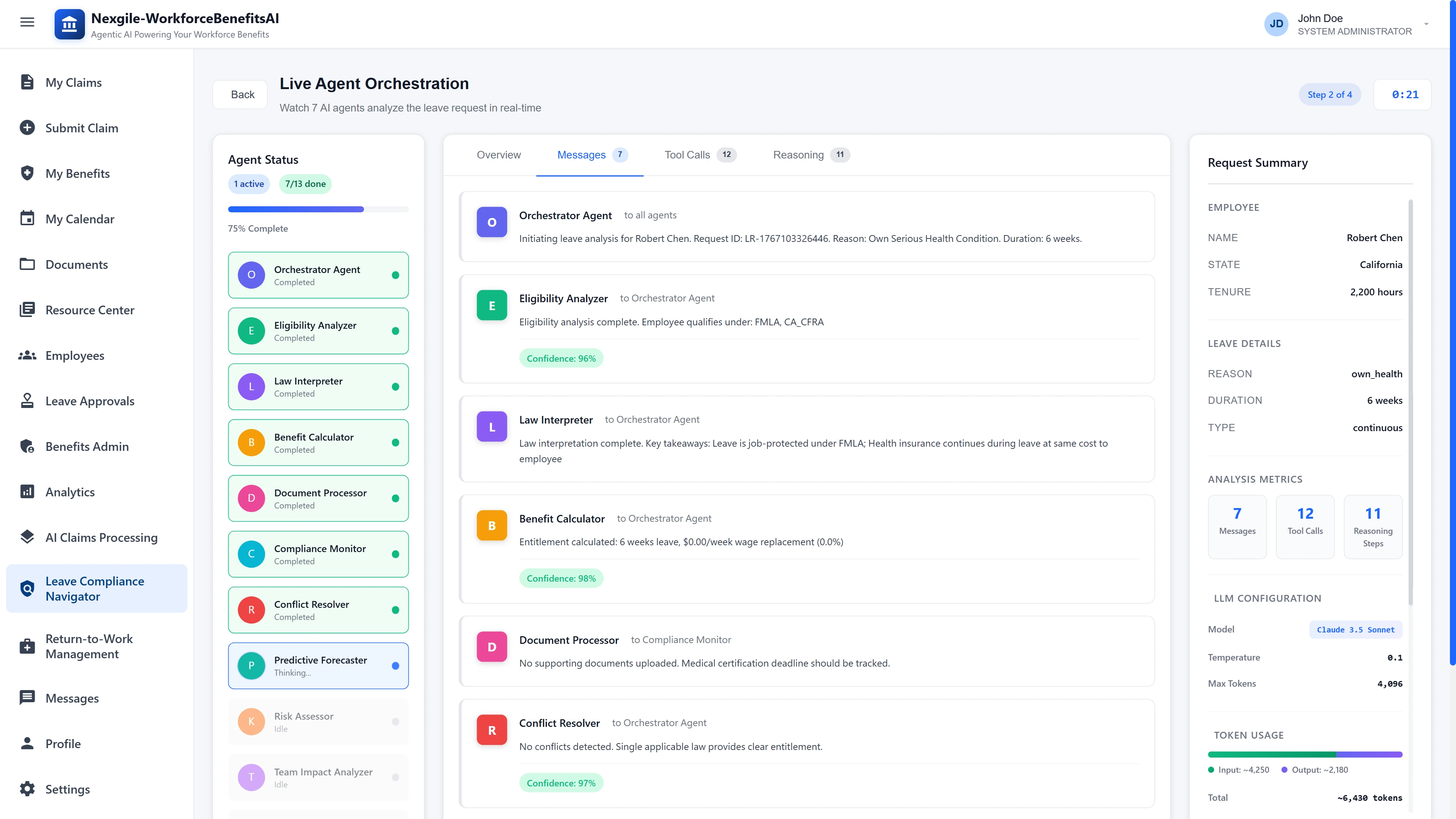 Illustrative preview (sample data, not verified outcomes): Live Agent Orchestration - Real-time view of 13 AI agents analyzing leave request with message feed showing Orchestrator, Eligibility Analyzer, Law Interpreter, Benefit Calculator, and Conflict Resolver coordinating multi-jurisdictional FMLA/CA_CFRA analysis