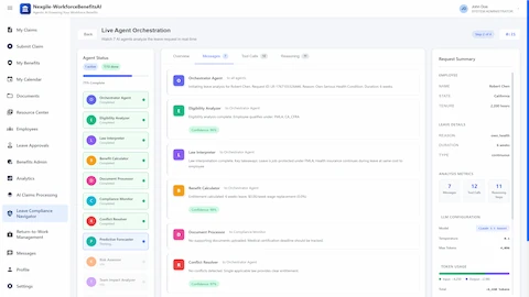 Illustrative preview (sample data, not verified outcomes): Live Agent Orchestration - Real-time view of 13 AI agents analyzing leave request with message feed showing Orchestrator, Eligibility Analyzer, Law Interpreter, Benefit Calculator, and Conflict Resolver coordinating multi-jurisdictional FMLA/CA_CFRA analysis