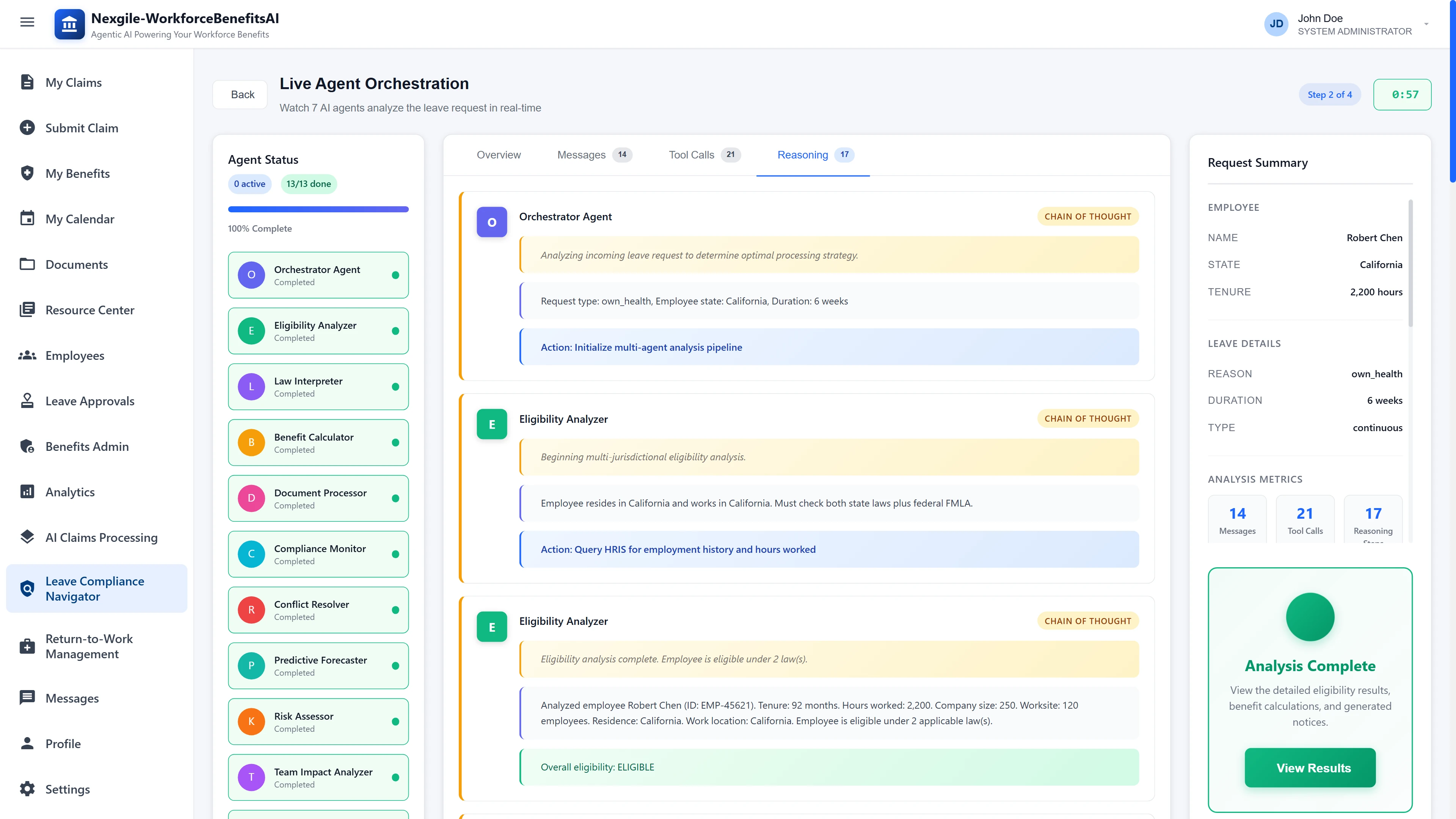 Illustrative preview (sample data, not verified outcomes): Chain of Thought Reasoning View - Detailed reasoning trace showing agent thought processes, multi-jurisdictional eligibility analysis for California state and federal FMLA laws, and HRIS query actions with 100% completion status