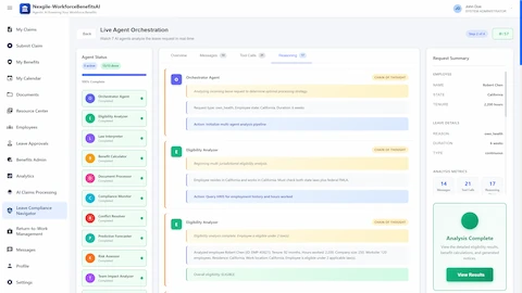 Illustrative preview (sample data, not verified outcomes): Chain of Thought Reasoning View - Detailed reasoning trace showing agent thought processes, multi-jurisdictional eligibility analysis for California state and federal FMLA laws, and HRIS query actions with 100% completion status