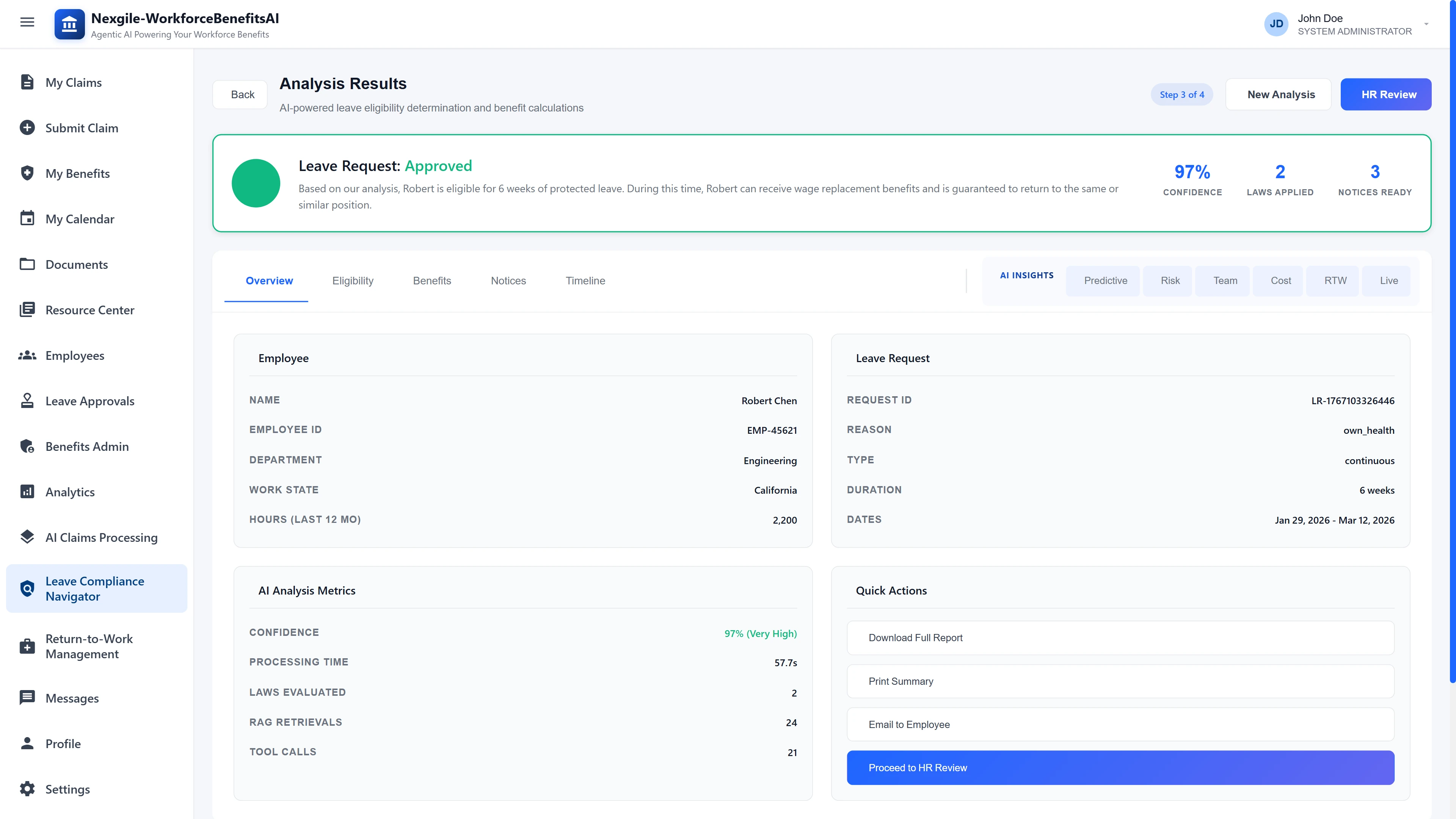 Illustrative preview (sample data, not verified outcomes): Analysis Results Dashboard - AI-powered leave eligibility determination showing approved status with 97% confidence, employee details, AI analysis metrics including 57.7s processing time, 2 laws evaluated, 24 RAG retrievals, and 21 tool calls