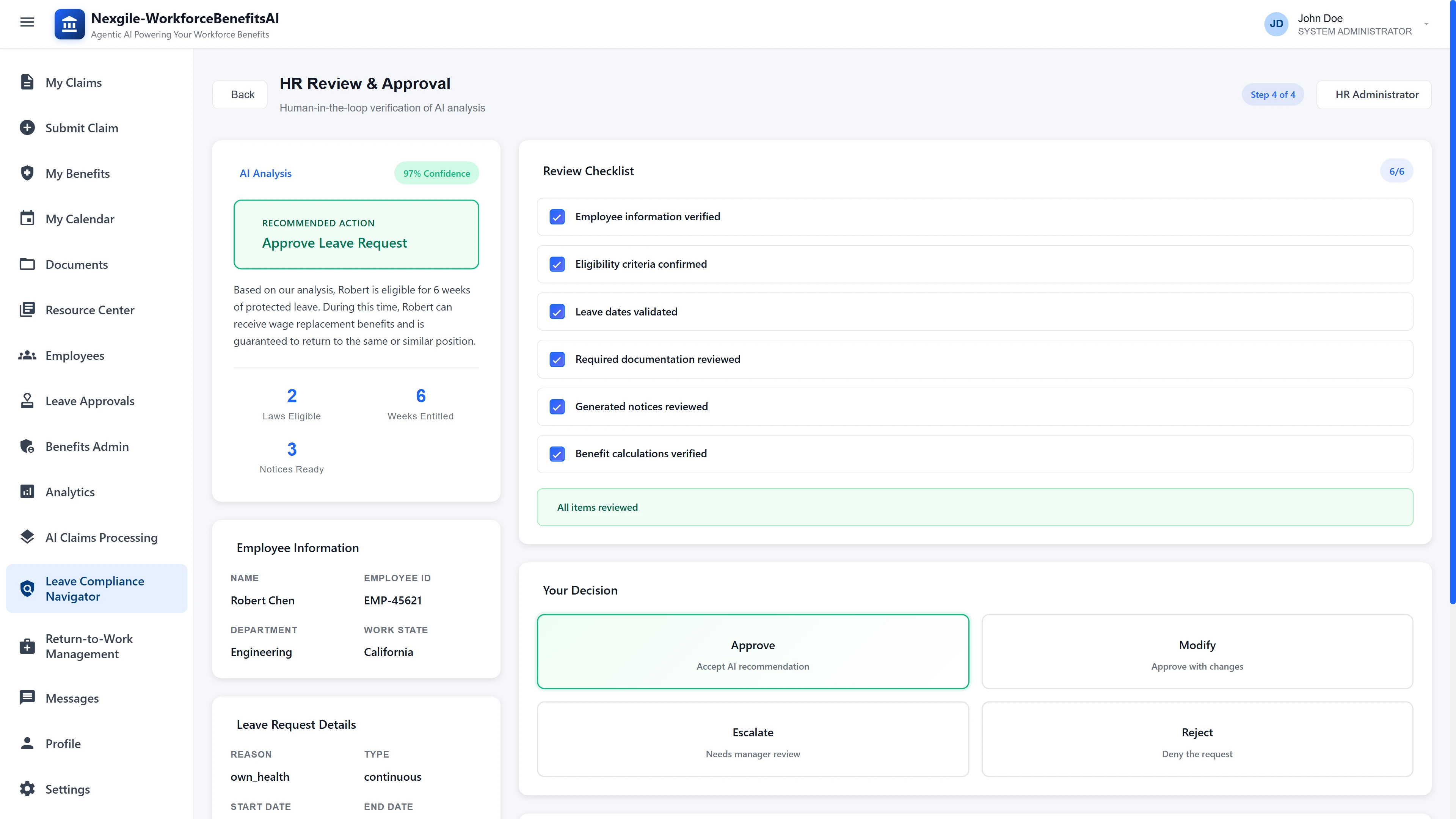 Illustrative preview (sample data, not verified outcomes): HR Review & Approval Interface - Human-in-the-loop verification screen with 97% AI confidence, 6-point review checklist, employee information panel, and decision options (Approve, Modify, Escalate, Reject) for final leave request authorization