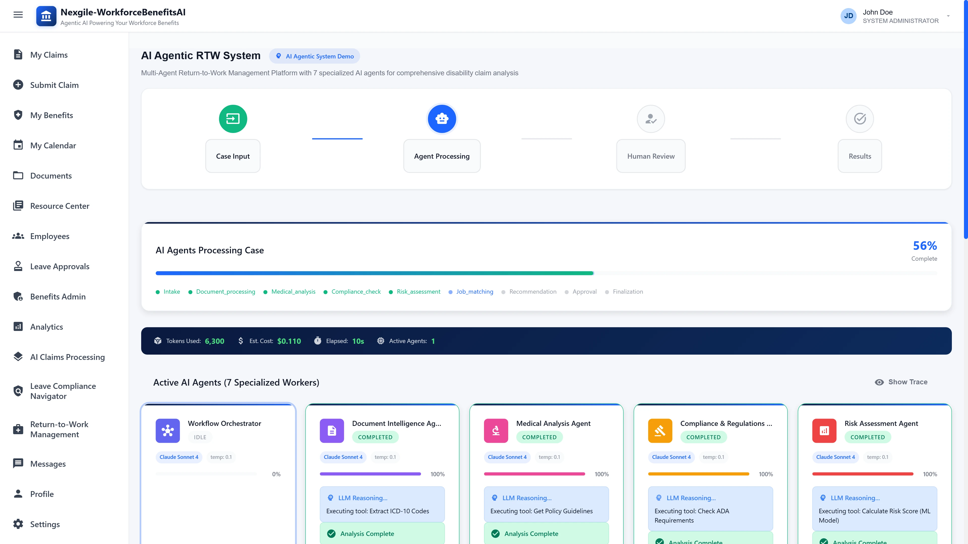 Illustrative preview (sample data, not verified outcomes): AI Agentic RTW System Overview - Multi-agent processing dashboard showing 7 specialized workers (Workflow Orchestrator, Document Intelligence, Medical Analysis, Compliance & Regulations, Risk Assessment) with real-time token usage tracking and cost estimation