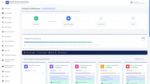 Illustrative preview (sample data, not verified outcomes): AI Agentic RTW System Overview - Multi-agent processing dashboard showing 7 specialized workers (Workflow Orchestrator, Document Intelligence, Medical Analysis, Compliance & Regulations, Risk Assessment) with real-time token usage tracking and cost estimation