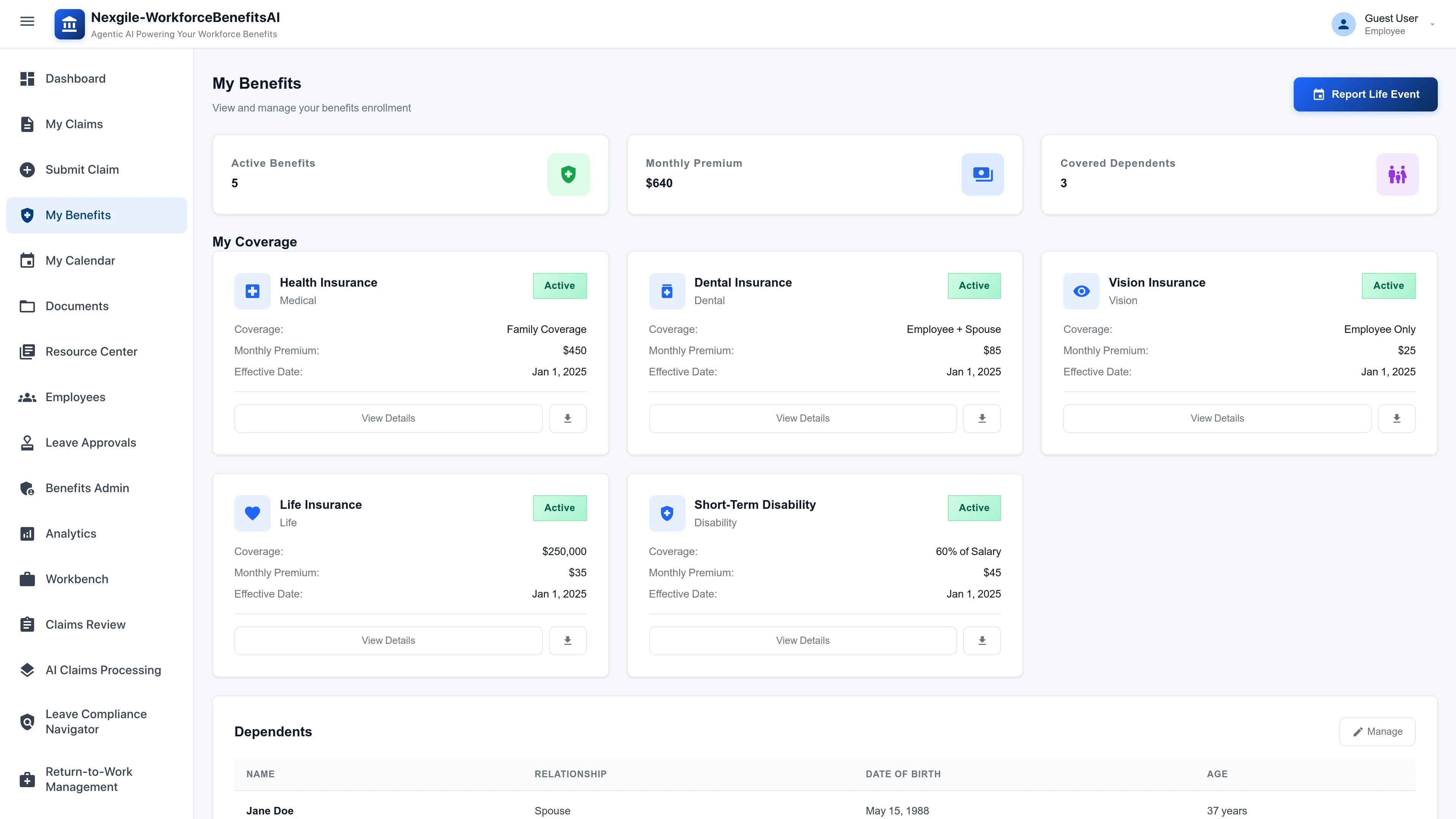 Illustrative preview (sample data, not verified outcomes): My Benefits page - Employee benefits overview and management interface