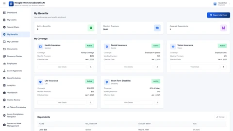 Illustrative preview (sample data, not verified outcomes): My Benefits page - Employee benefits overview and management interface