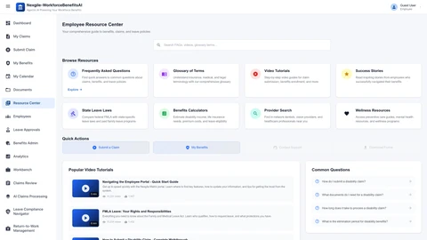 Illustrative preview (sample data, not verified outcomes): Resource Center - FAQs, video tutorials, glossary, state law summaries, provider search tools, and benefits calculators
