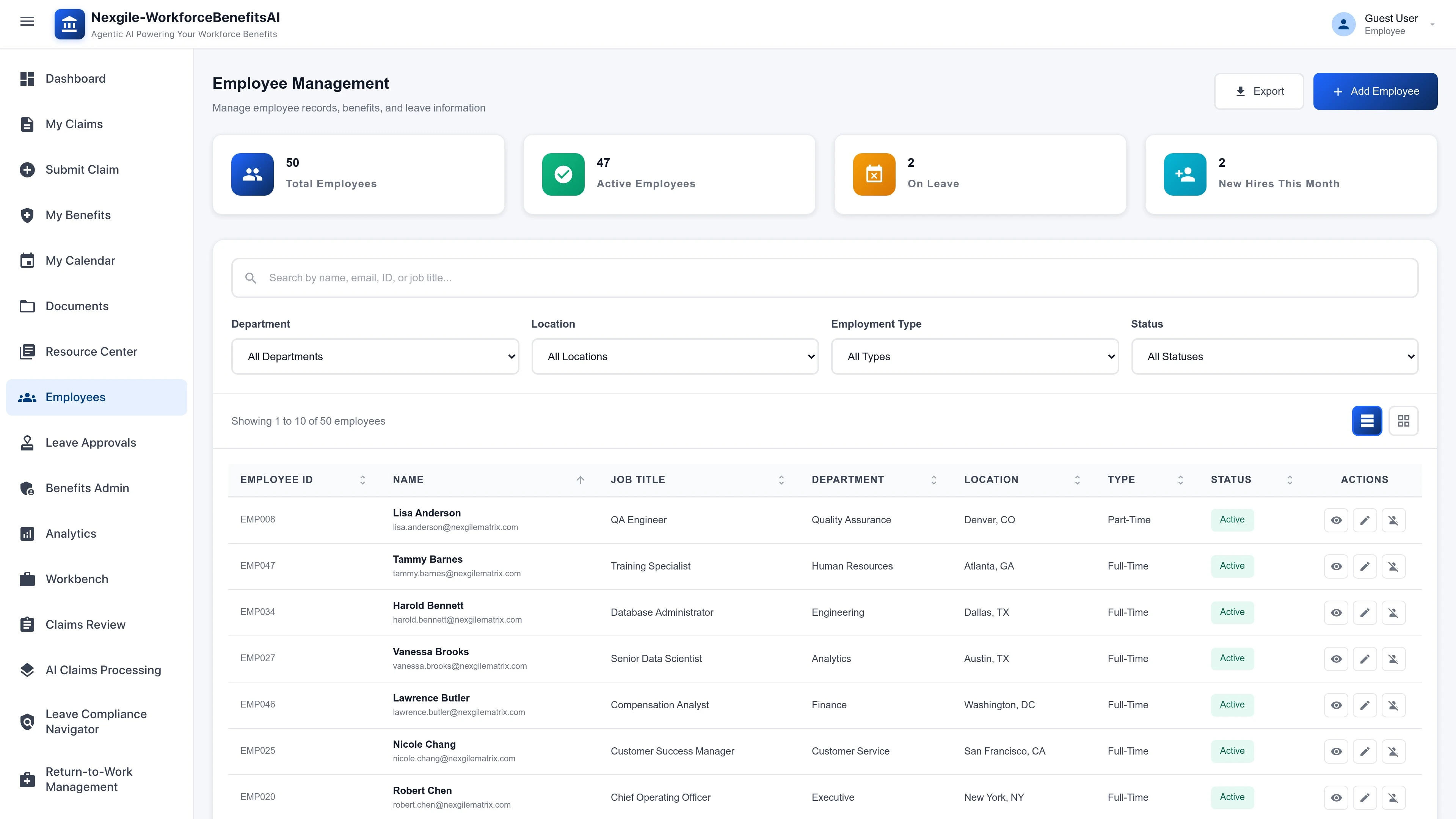 Illustrative preview (sample data, not verified outcomes): Employees Management Page - Centralized employee management interface
